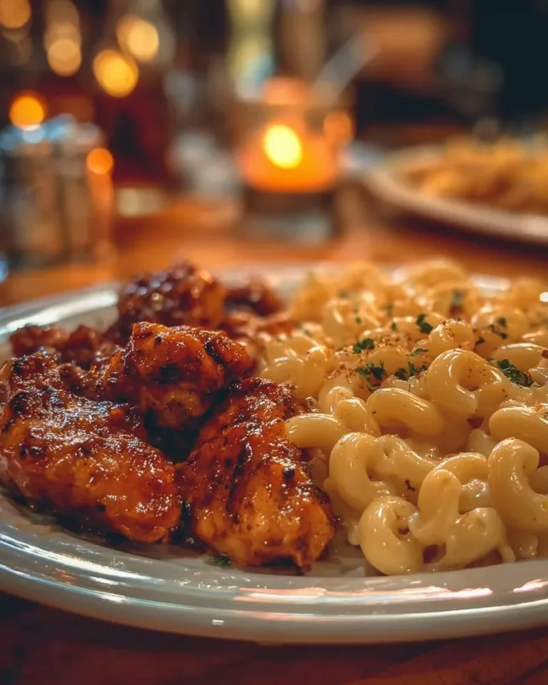 Spicy Honey Pepper Chicken served with mac and cheese, delicious meal idea.