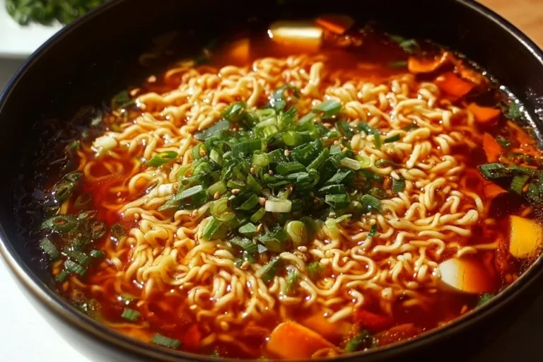 Bowl of spicy ramen noodles topped with vegetables and herbs