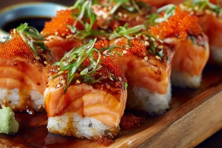 Spicy Salmon Sushi Bake dish served in a bowl with ingredients on top.