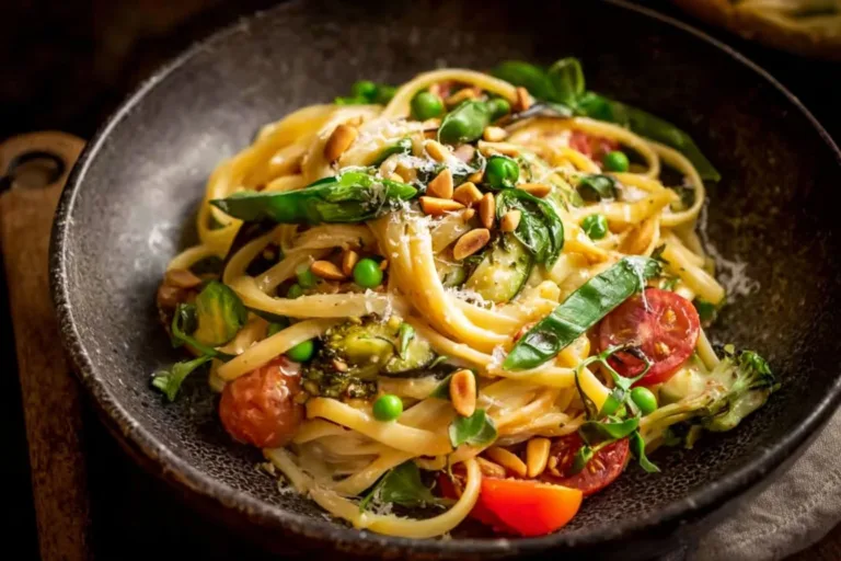 A vibrant bowl of spring pasta with fresh vegetables and herbs.