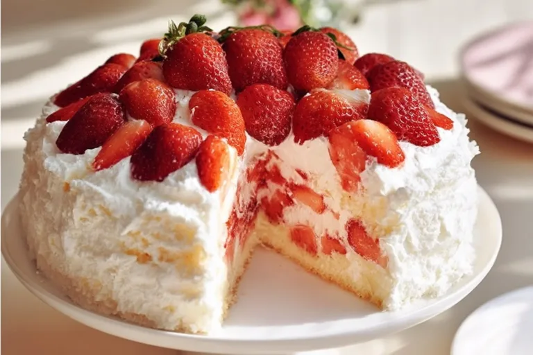 Delicious Strawberry Angel Cake topped with fresh strawberries and whipped cream