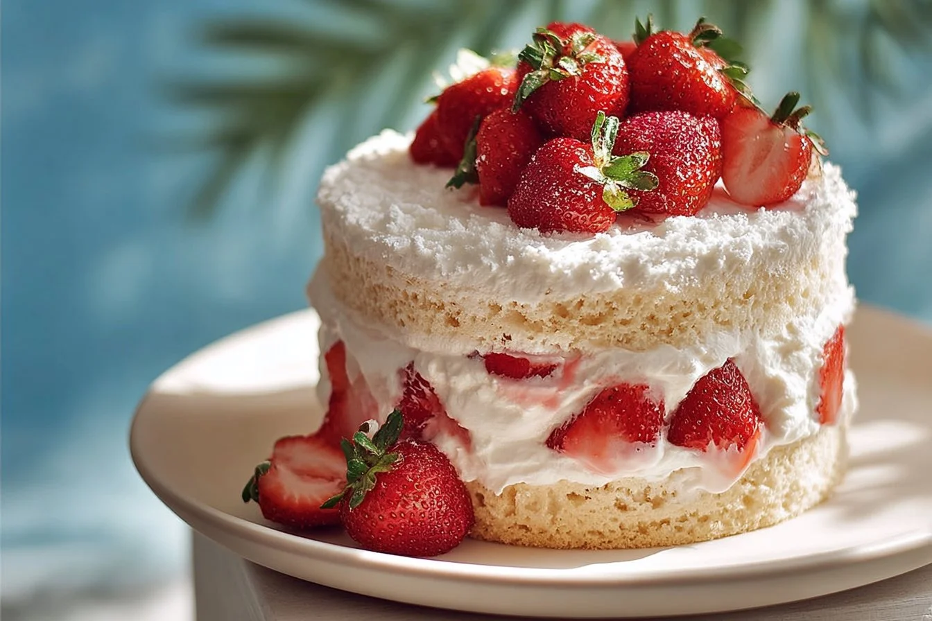 Delicious slice of Strawberry Angel Cake topped with fresh strawberries and whipped cream