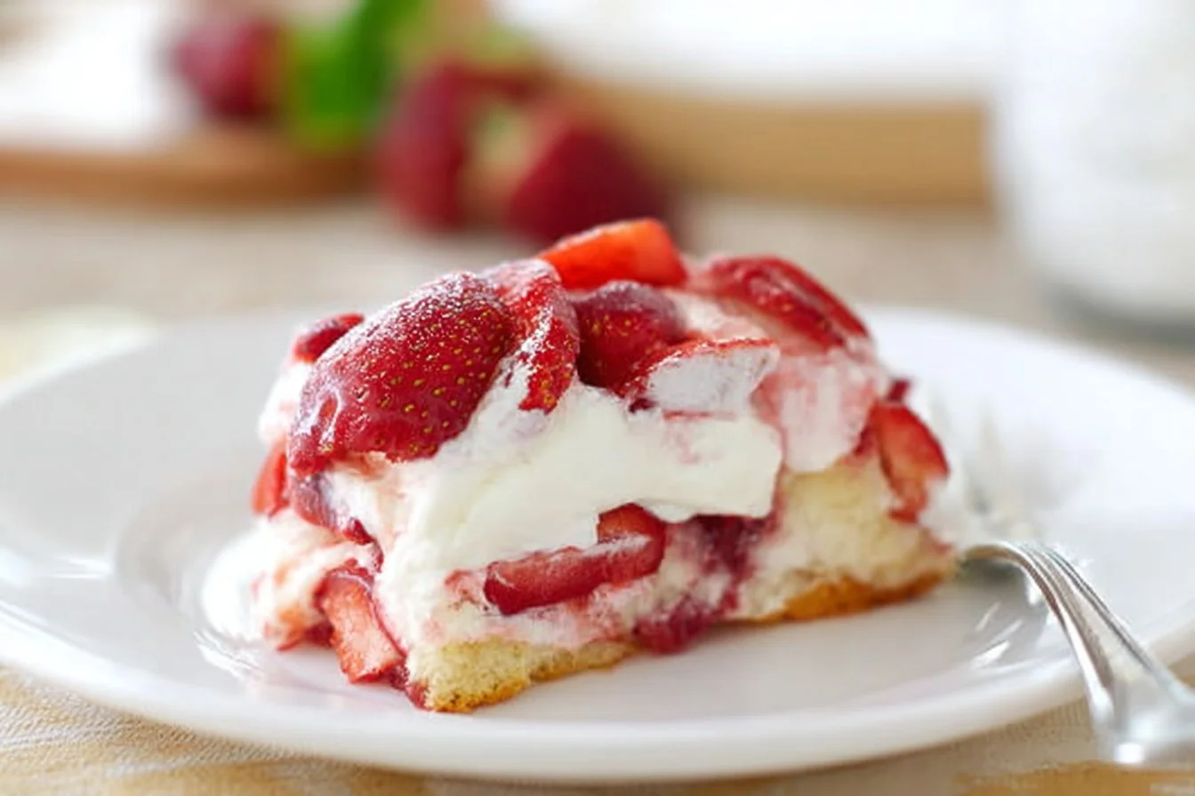 Strawberry Angel Food Dessert topped with fresh strawberries and whipped cream.