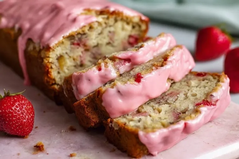 Slice of homemade Strawberry Banana Bread on a wooden cutting board