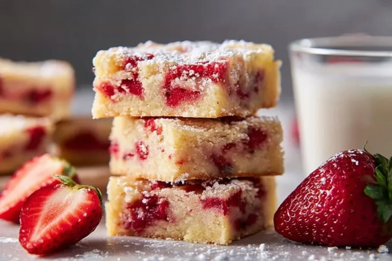 Delicious one-bowl strawberry blondies fresh from the oven.