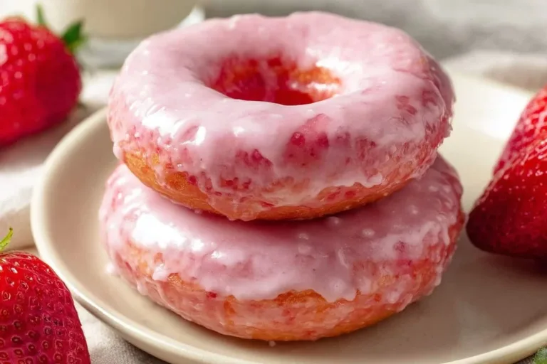 Delicious strawberry cake donuts topped with pink frosting and sprinkles
