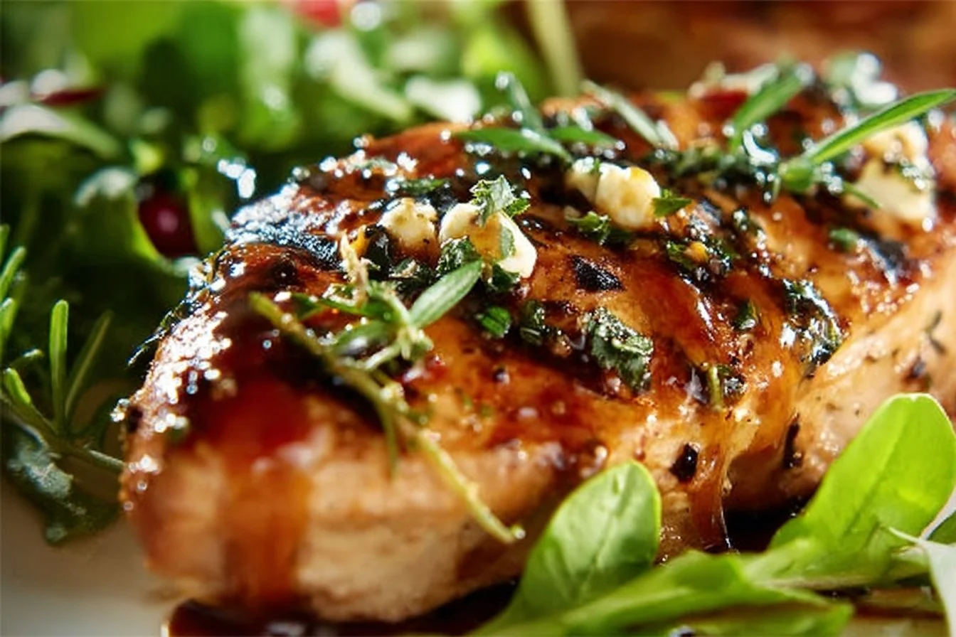 Delicious Strawberry Chicken dish garnished with fresh strawberries and greens