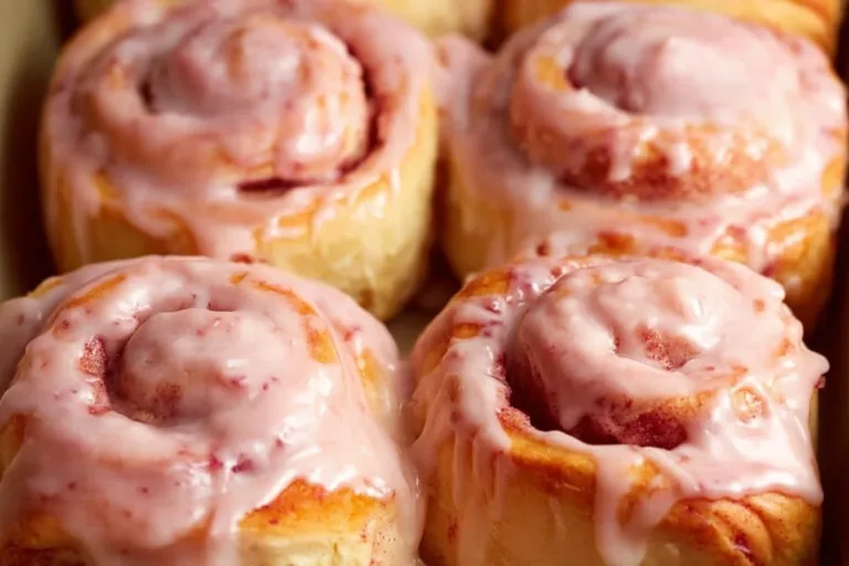 Freshly baked strawberry cinnamon rolls with icing on top