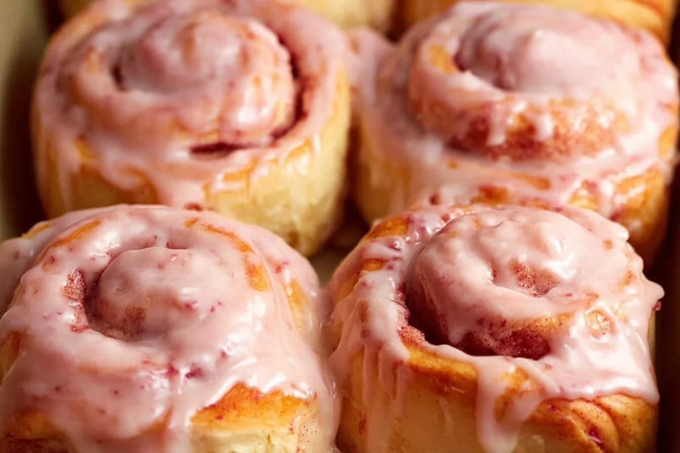 Freshly baked strawberry cinnamon rolls with icing on top