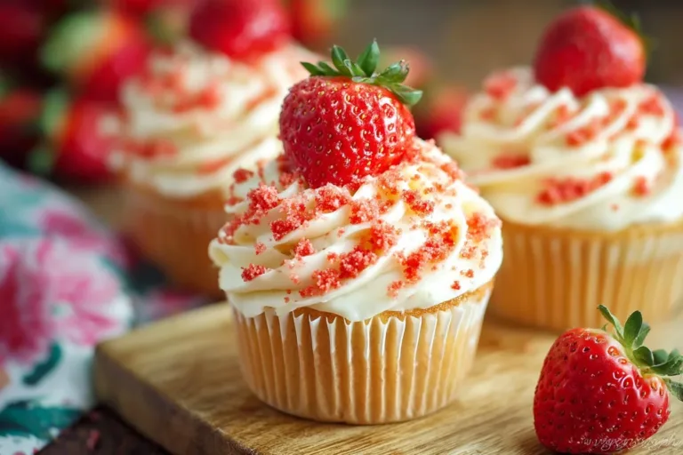 Delicious strawberry crunch cupcakes with a strawberry topping