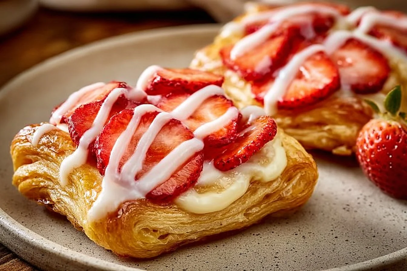 Freshly baked Strawberry Danish pastry topped with strawberries and cream cheese