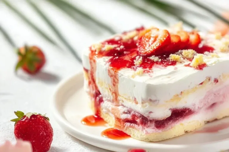 Delicious Strawberry Heaven on Earth Cake topped with fresh strawberries