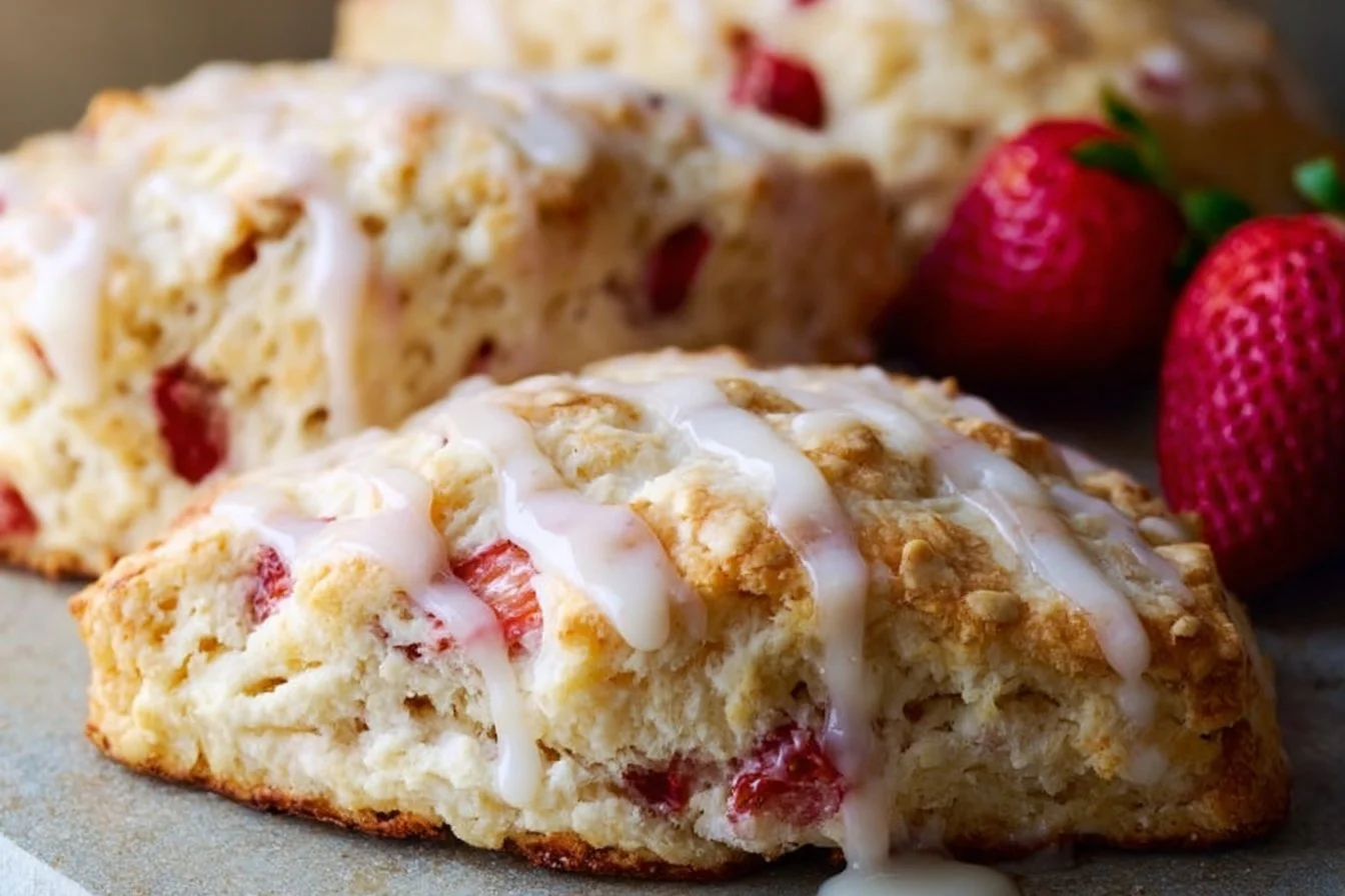 Freshly baked strawberry lemon cream scones on a plate