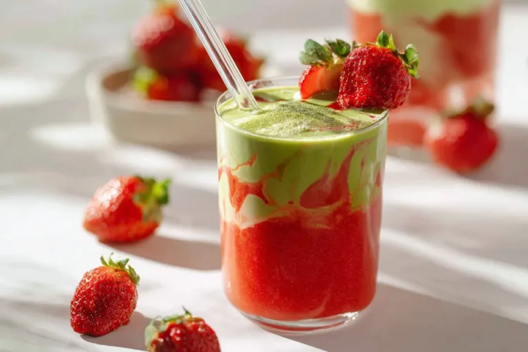 Strawberry matcha smoothie in a glass with fresh strawberries and matcha powder