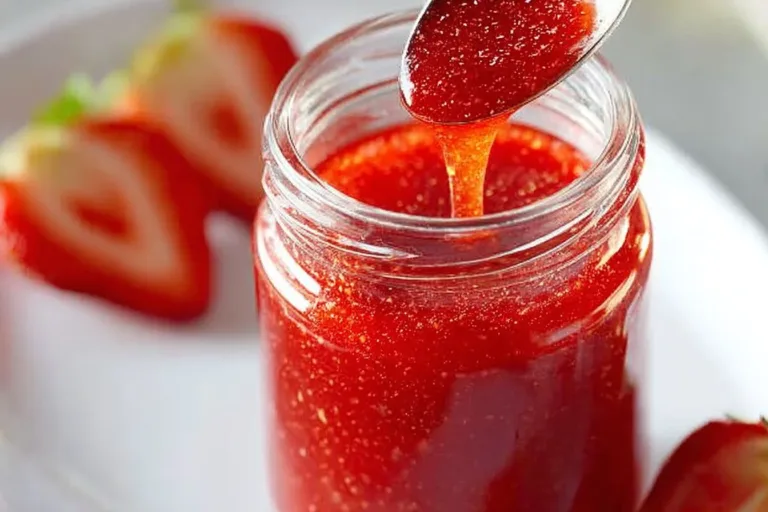 Homemade Strawberry Sauce drizzled on dessert