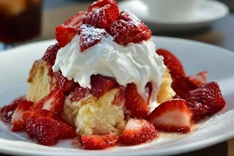 Delicious strawberry sheet shortcake topped with fresh strawberries and whipped cream