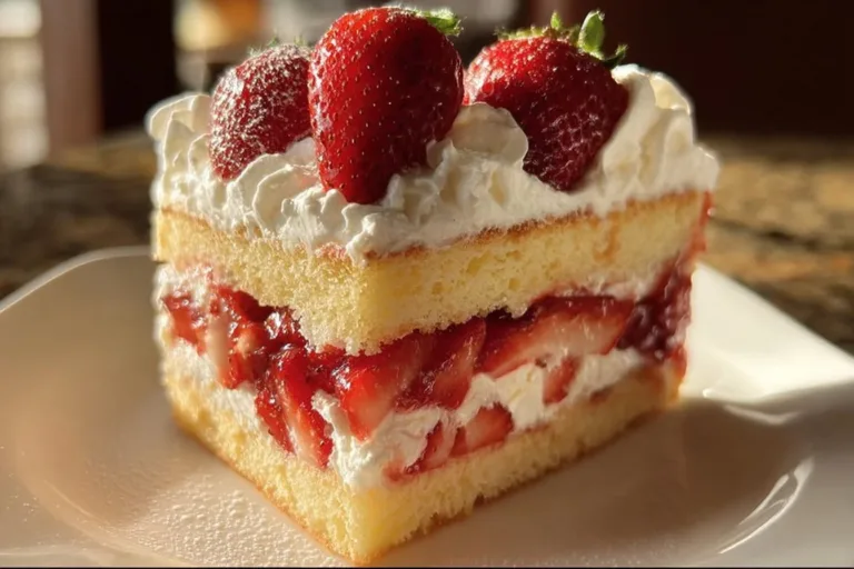 Delicious homemade Strawberry Shortcake topped with fresh strawberries and whipped cream