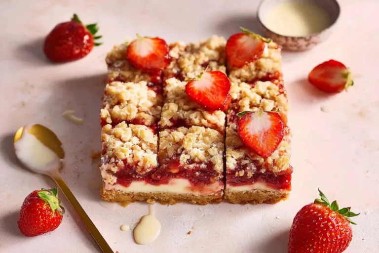 Strawberry shortcake bars topped with fresh strawberries and whipped cream
