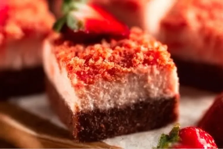 Delicious homemade Strawberry Shortcake Brownies topped with fresh strawberries.