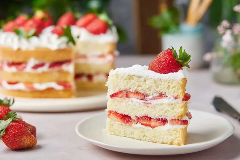 Delicious homemade strawberry shortcake cake with fresh strawberries and whipped cream