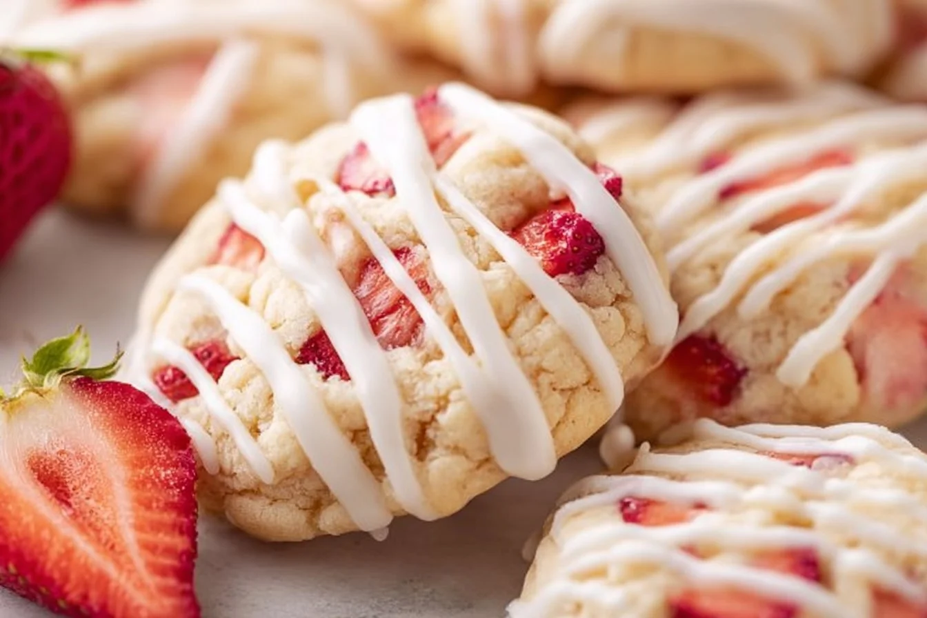Freshly baked strawberry shortcake cookies on a white plate