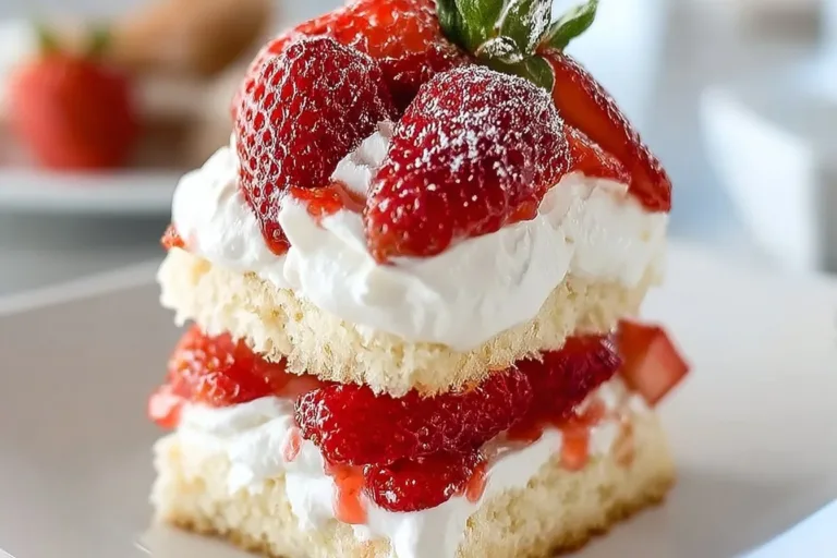 Delicious homemade strawberry shortcake topped with fresh berries and whipped cream