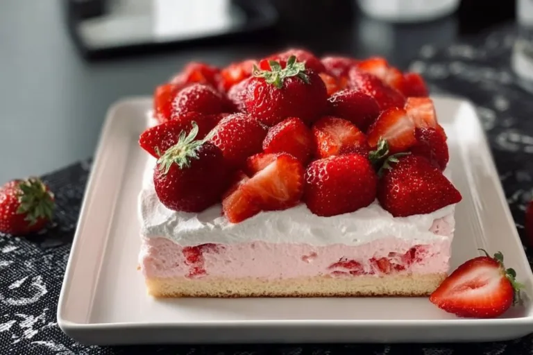 Delicious Strawberry Shortcake Sheet Cake topped with fresh strawberries and cream.