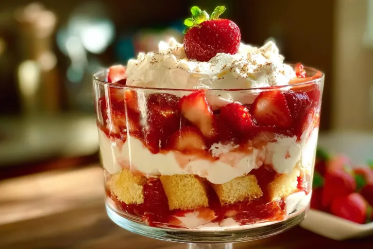 Delicious strawberry shortcake trifle with layers of strawberries and cream