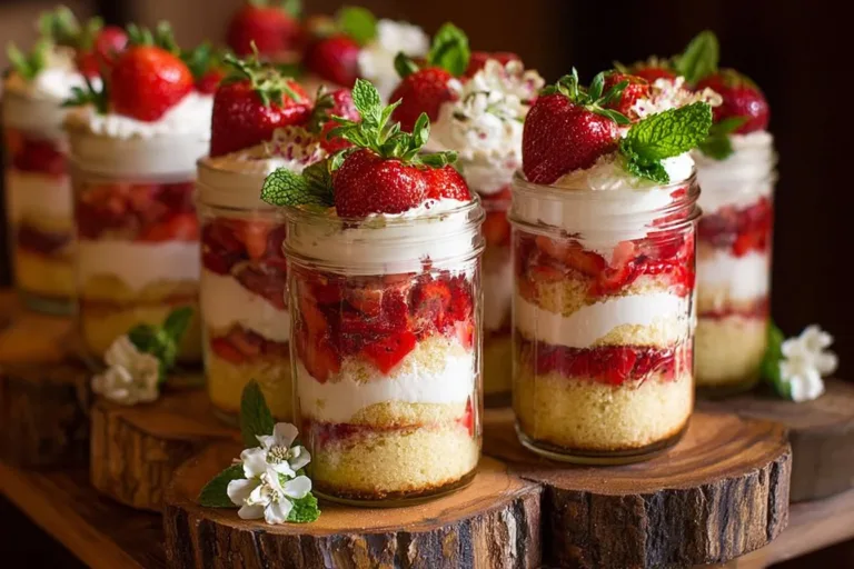 Layered strawberry shortcake trifles with fresh strawberries and cream