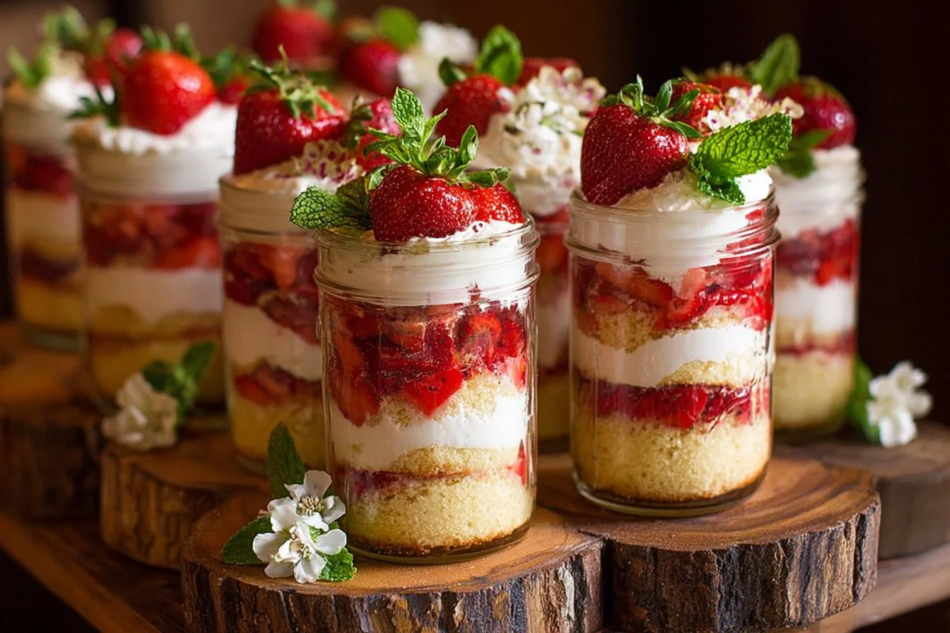Layered strawberry shortcake trifles with fresh strawberries and cream