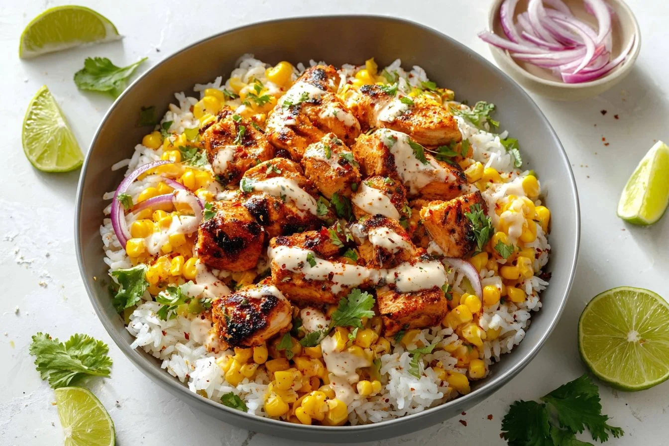 Delicious Street Corn Chicken Rice Bowl with grilled chicken and corn
