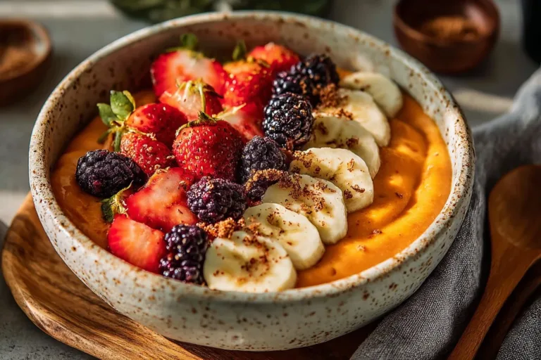 Healthy Sweet Potato Breakfast Bowl topped with nuts and berries