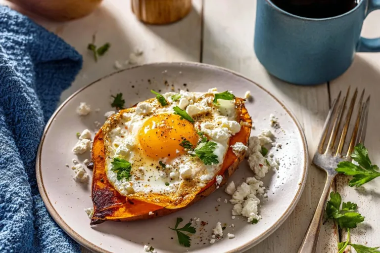 Sweet potato breakfast dish topped with fried eggs for a nutritious meal.