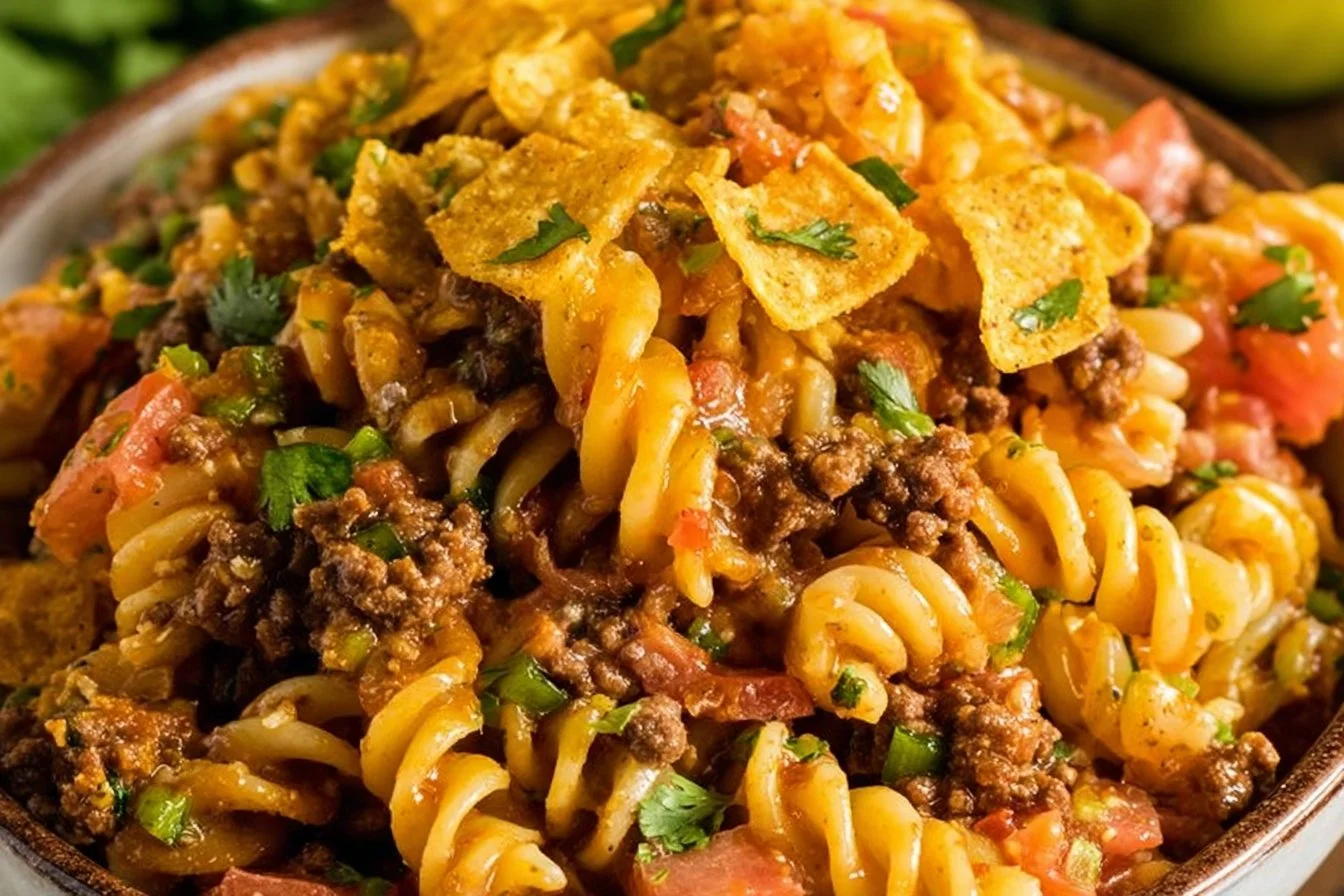 Bowl of colorful Taco Pasta Salad with fresh ingredients and toppings