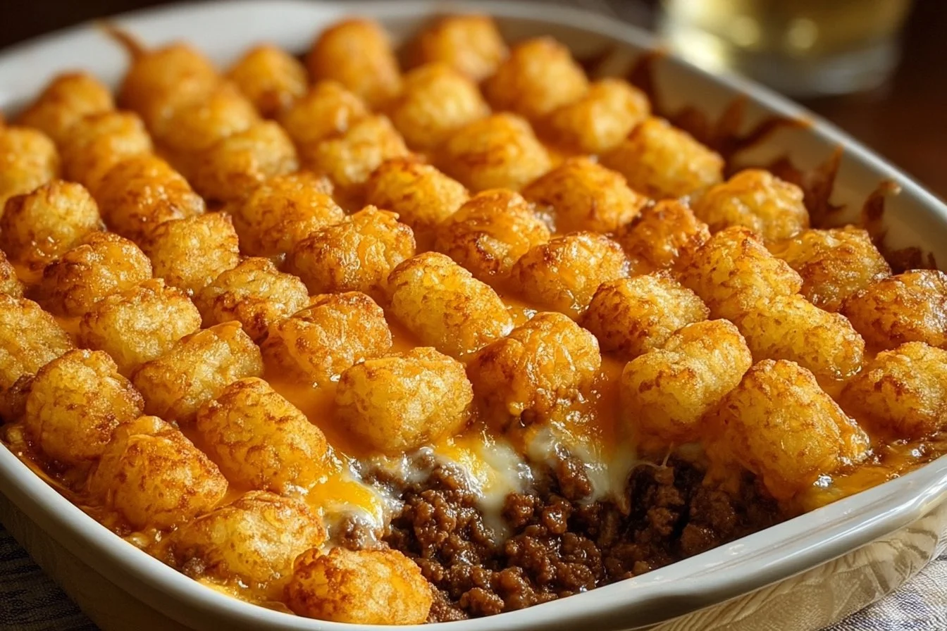Delicious tater tot casserole with ground beef topped with golden crispy tater tots
