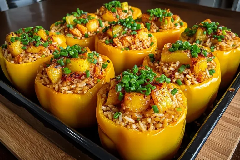 Delicious teriyaki chicken and pineapple stuffed peppers served on a plate