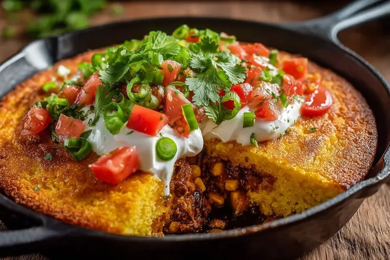 Delicious Texas Tamale Pie served with toppings in a rustic dish