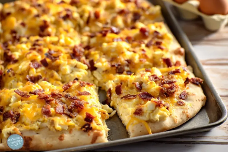 Delicious breakfast pizza topped with eggs, cheese, and fresh vegetables