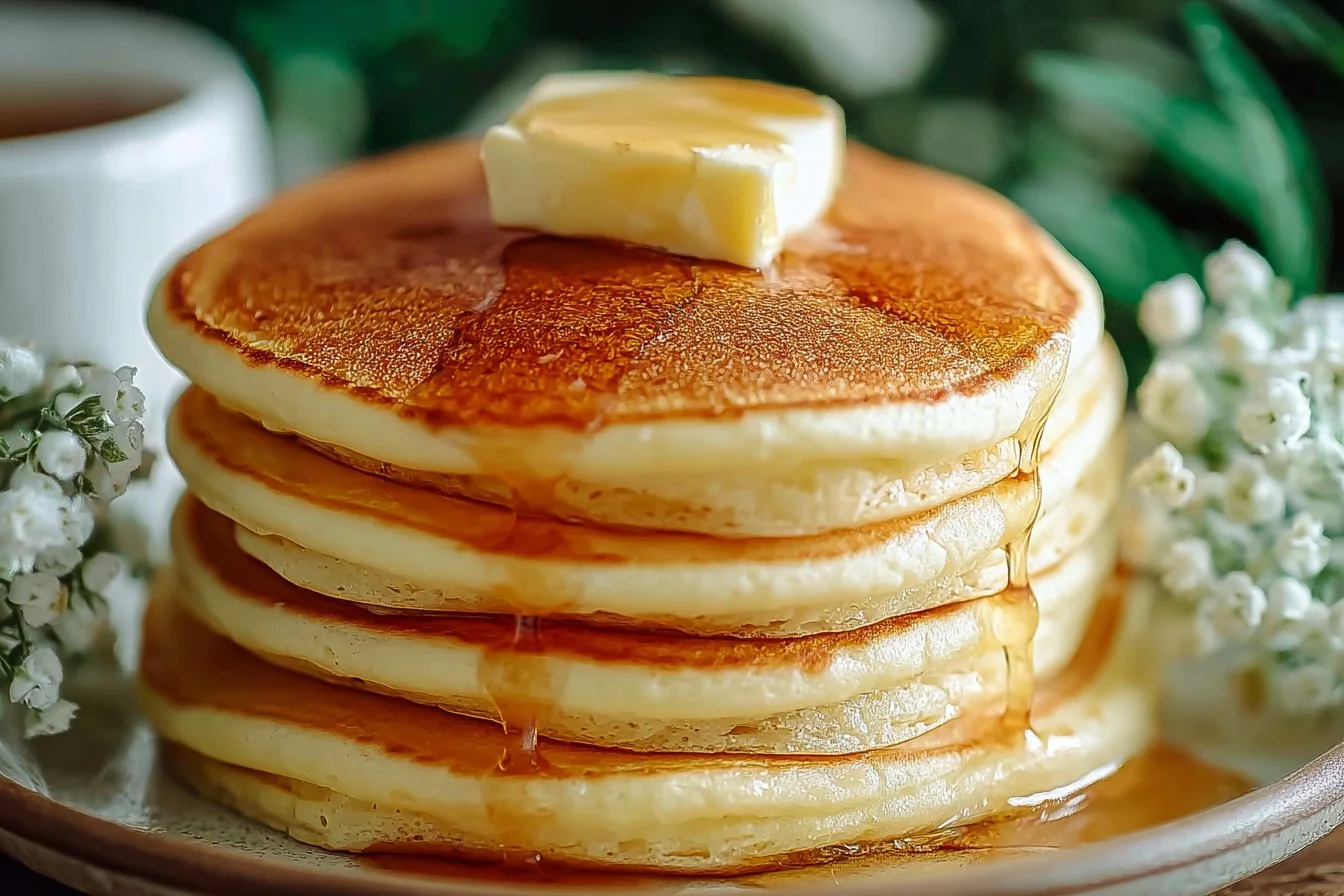 Stack of delicious fluffy pancakes topped with syrup and berries