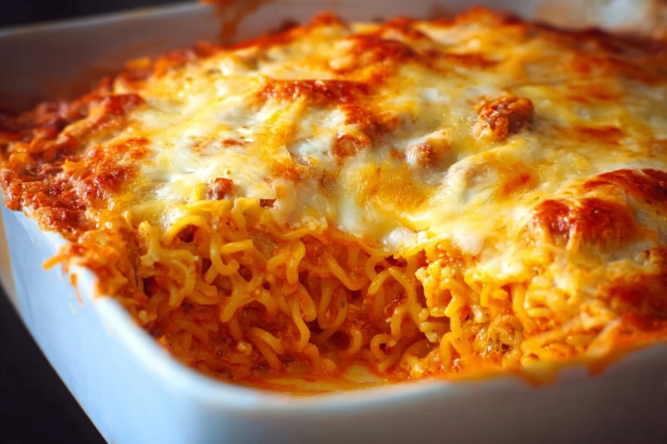 Delicious TikTok viral ramen lasagna served with fresh herbs and cheese