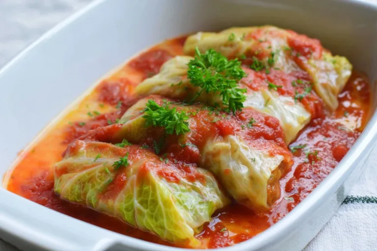 Plate of traditional stuffed cabbage rolls, garnished with sauce and herbs.