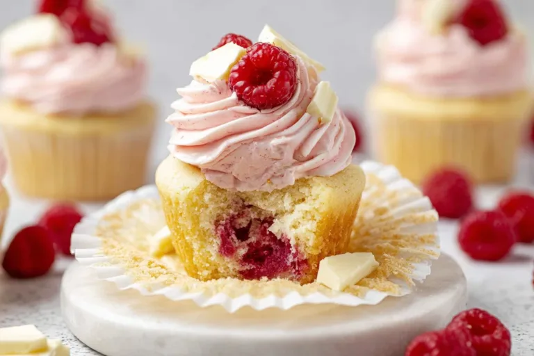 Vanilla cupcakes topped with white chocolate raspberry frosting on a rustic table