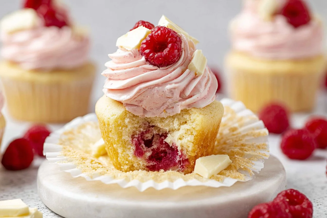 Vanilla cupcakes topped with white chocolate raspberry frosting on a rustic table