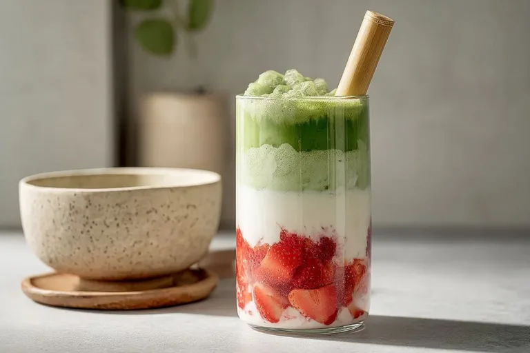 Vegan Strawberry Matcha Latte in a glass with fresh strawberries on top