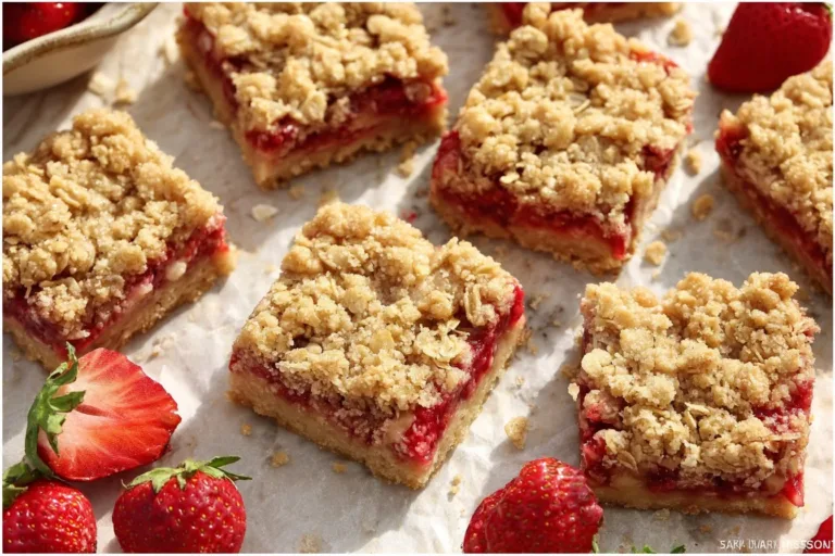 Vegan strawberry oat bars topped with fresh strawberries and oats