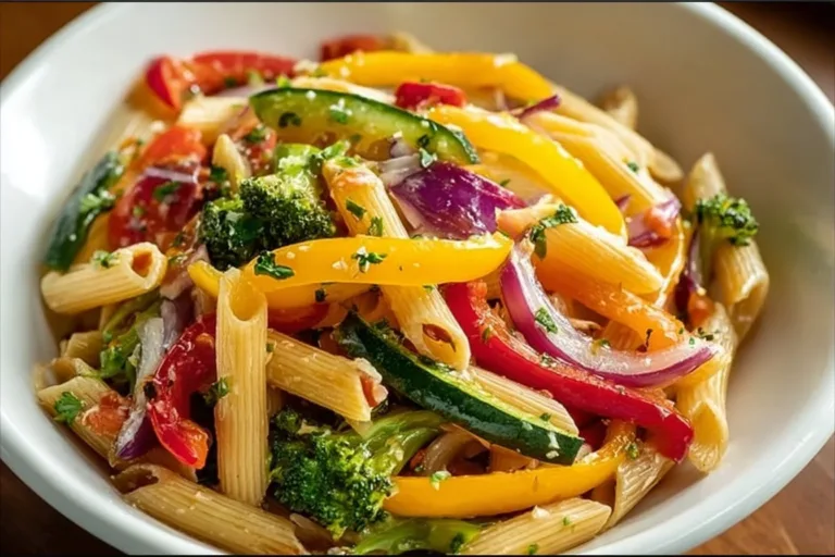 A colorful plate of Vegetarian Pasta Primavera with fresh vegetables and herbs
