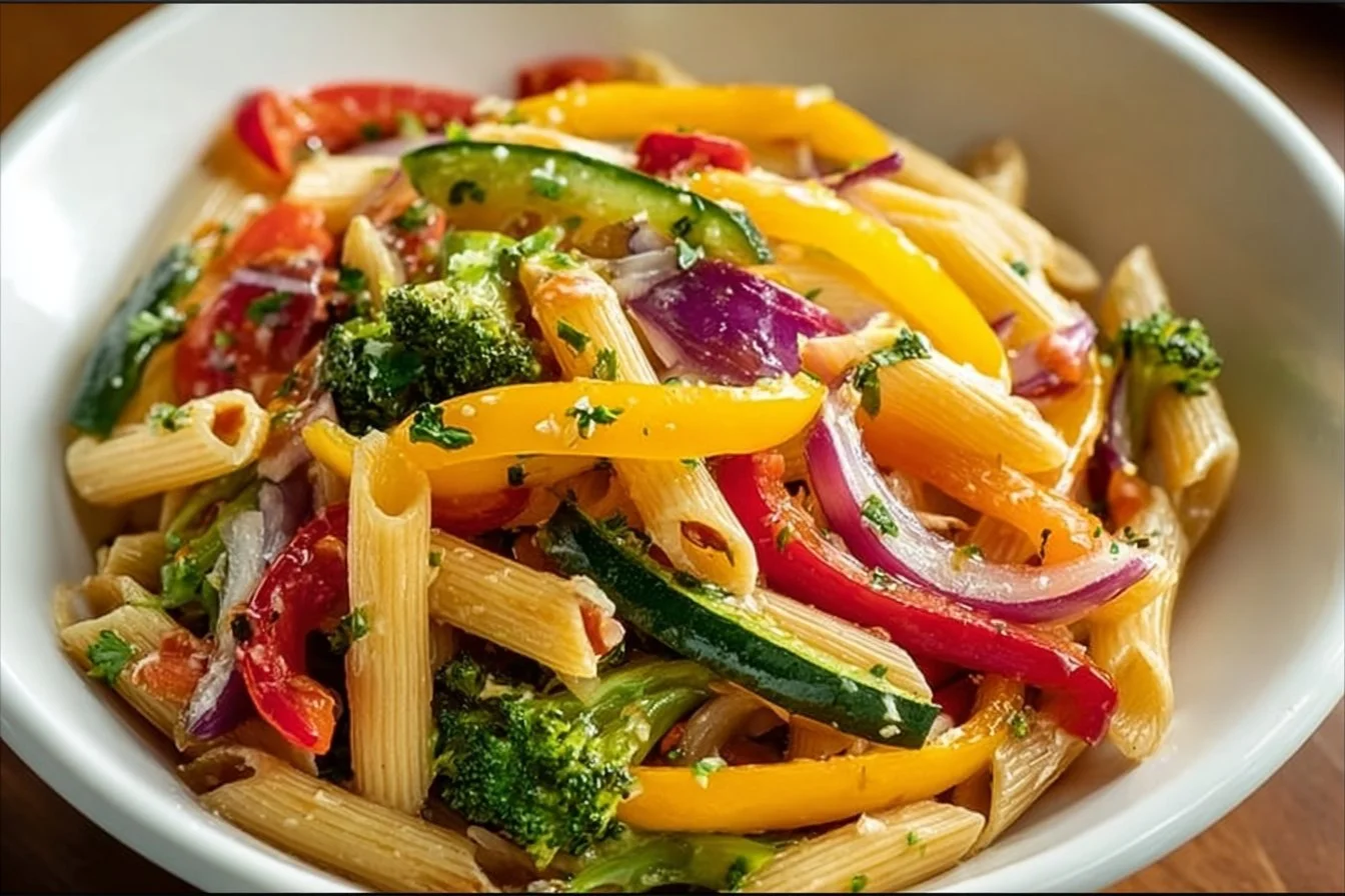 A colorful plate of Vegetarian Pasta Primavera with fresh vegetables and herbs