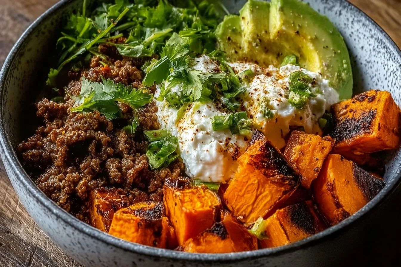 Viral ground beef hot honey bowl with garnishes served in a vibrant dish.