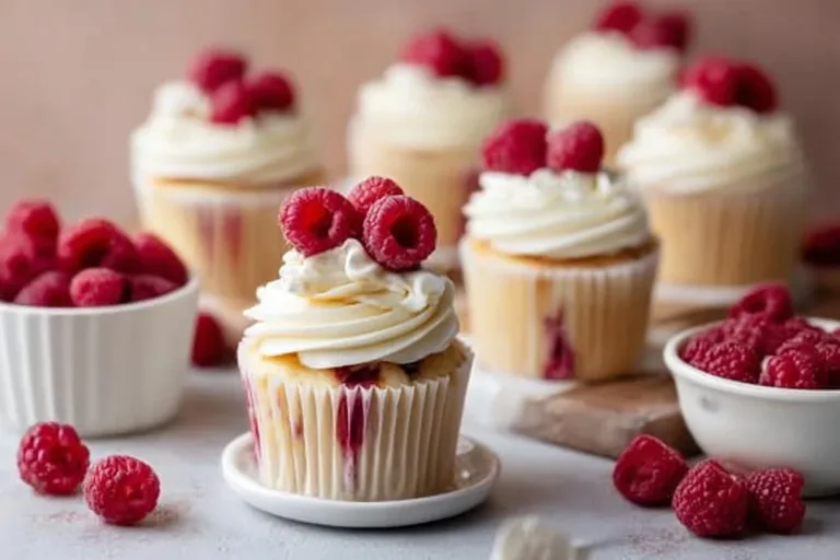 Delicious white chocolate raspberry cupcakes with creamy frosting and berries.