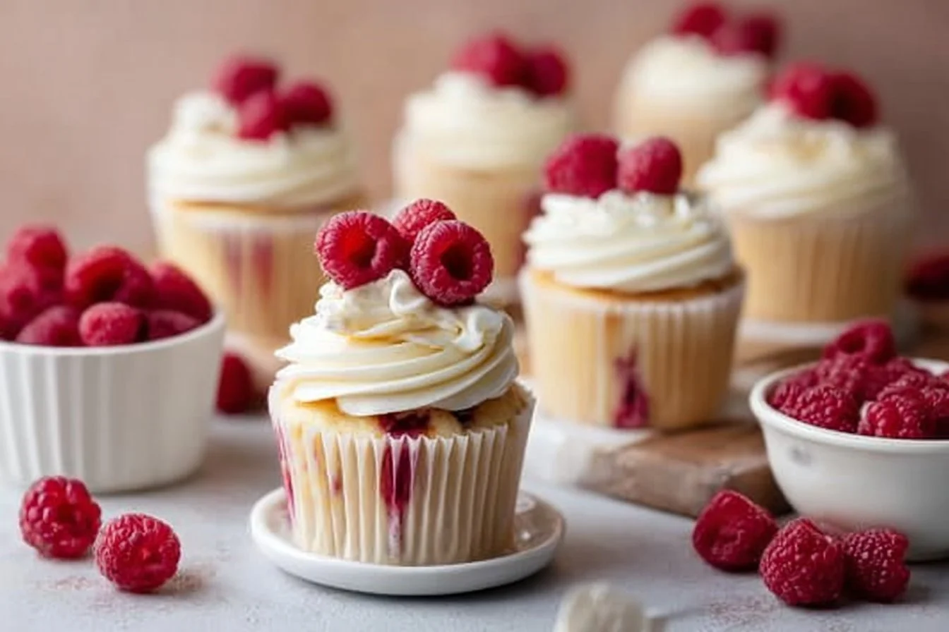 Delicious white chocolate raspberry cupcakes with creamy frosting and berries.